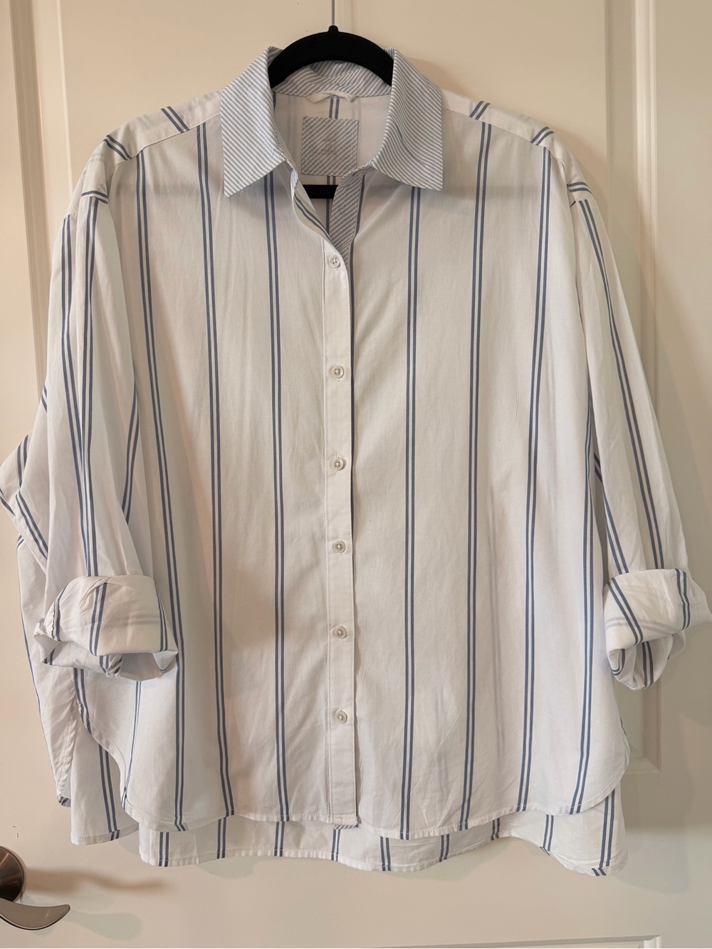 Aerie Women’s Small Oversized Blue White Striped Button Down Shirt Roll Tab